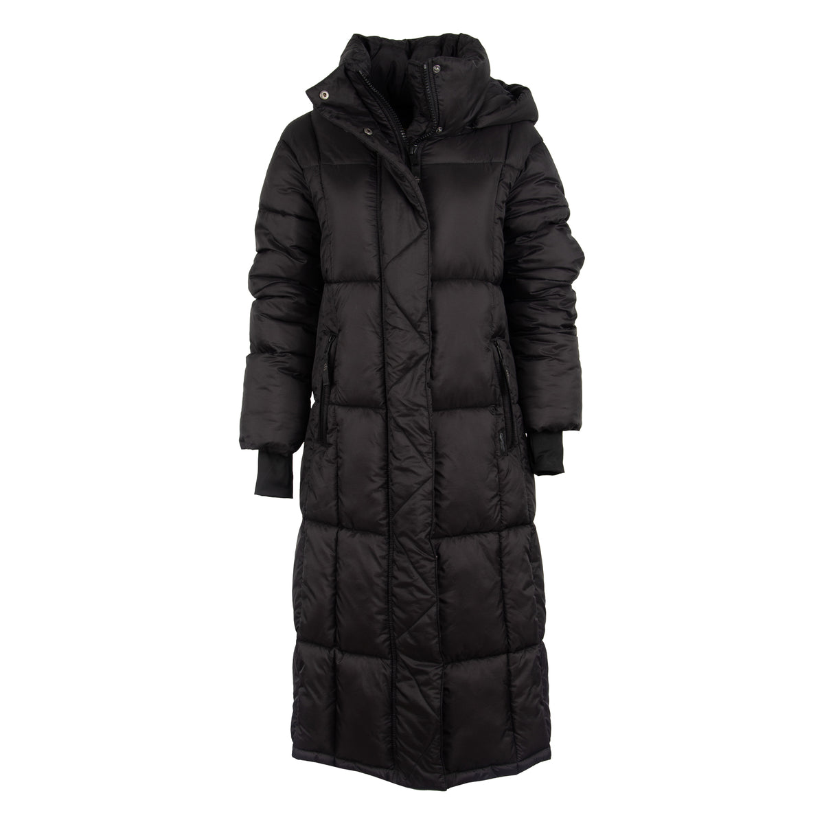 Black puffer parka coat with zip closure hand warming pockets and hood on a white background.
