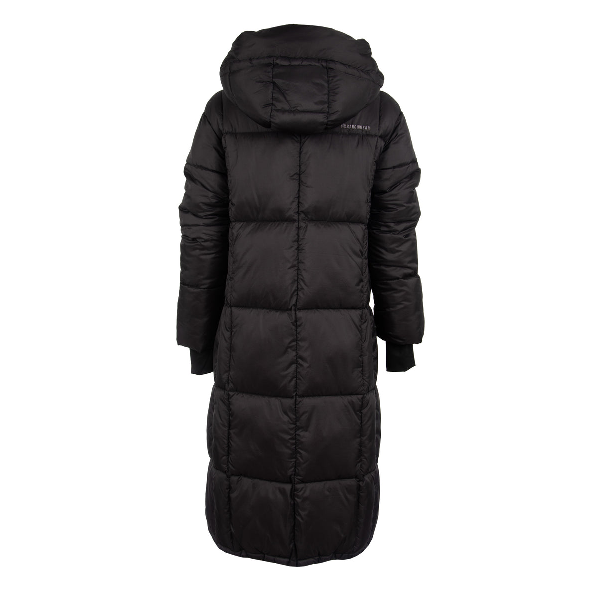 Back of a black puffer parka coat with a hood on a white background.