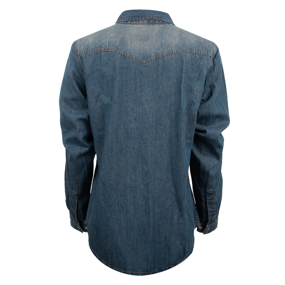 Back of a denim shirt with western yoke and adjustable snap wrist cuffs.