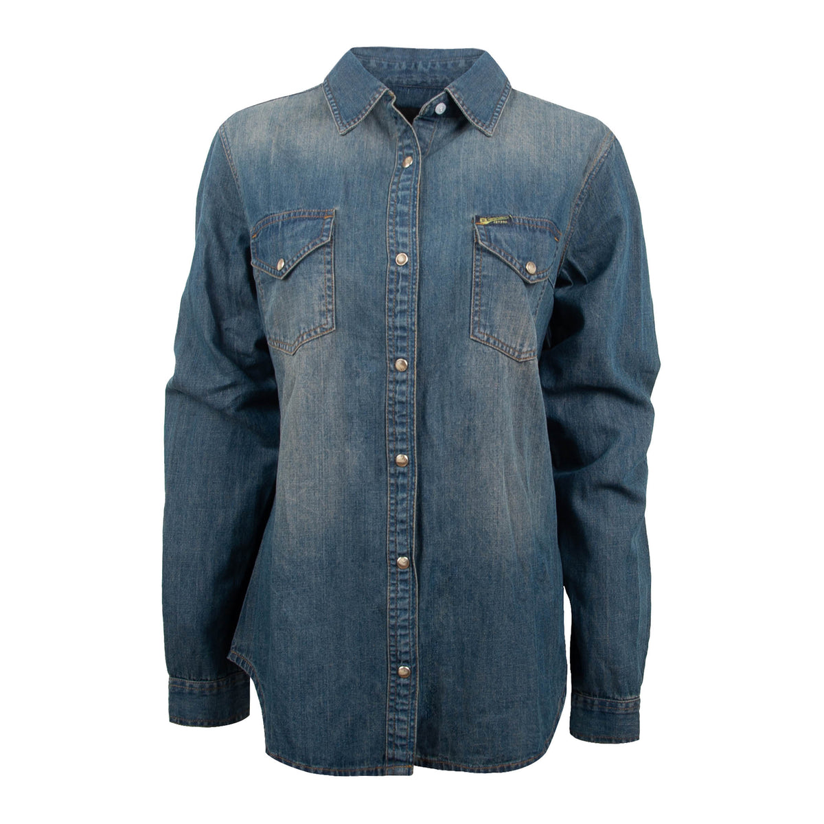 A blue denim shirt with pearl snap front closure and two chest pockets with pearl snap closures.