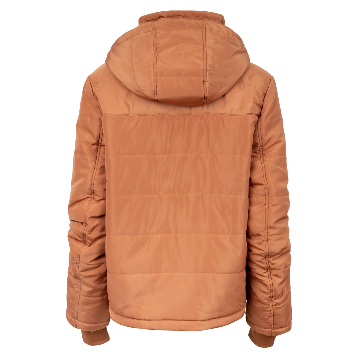 Back of our rust collared puffer jacket with a removable hood on white background.