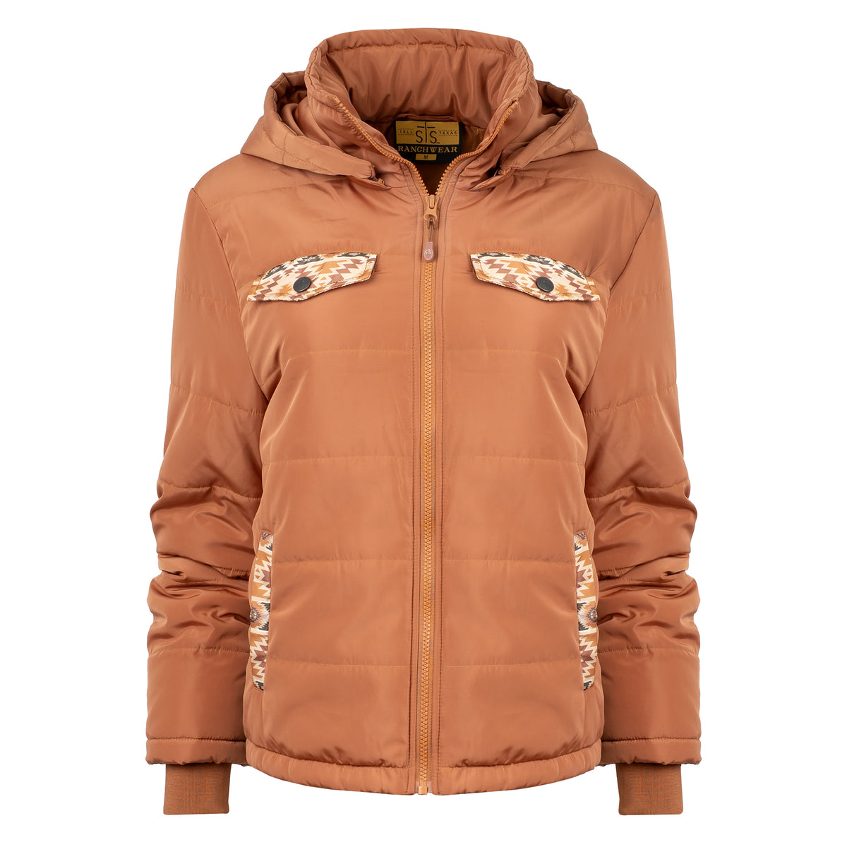 Rust collared puffer jacket with aztec detailing, zip front closure and removable hood on white background.