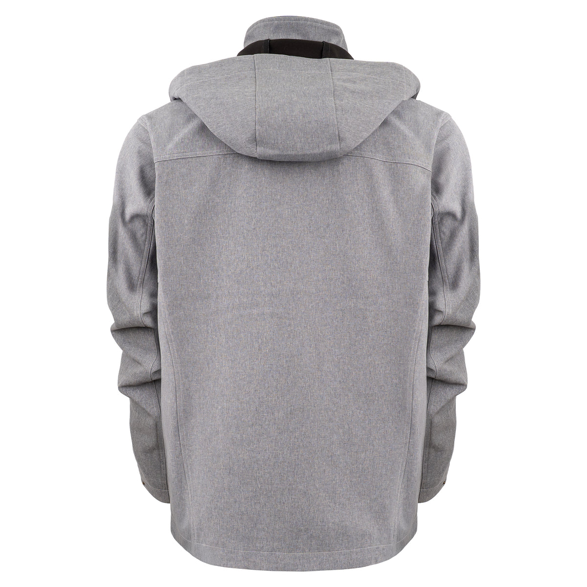 back of our gray jacket with zip closure, removable hood and hand warming pockets on white background