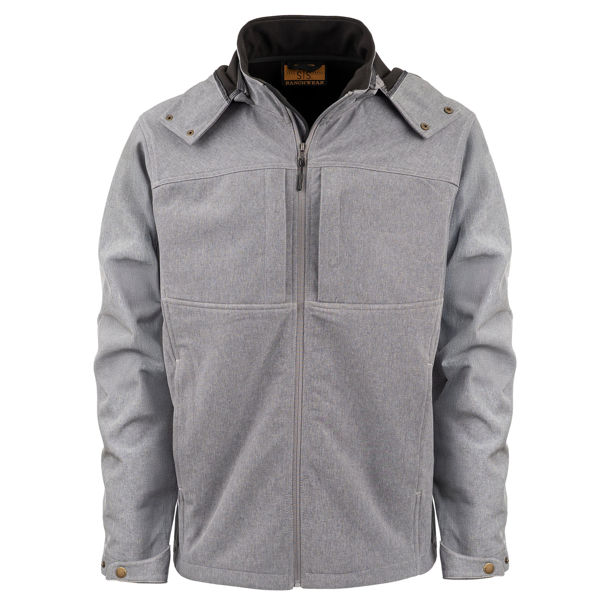 gray jacket with zip closure, removable hood and hand warming pockets on white background