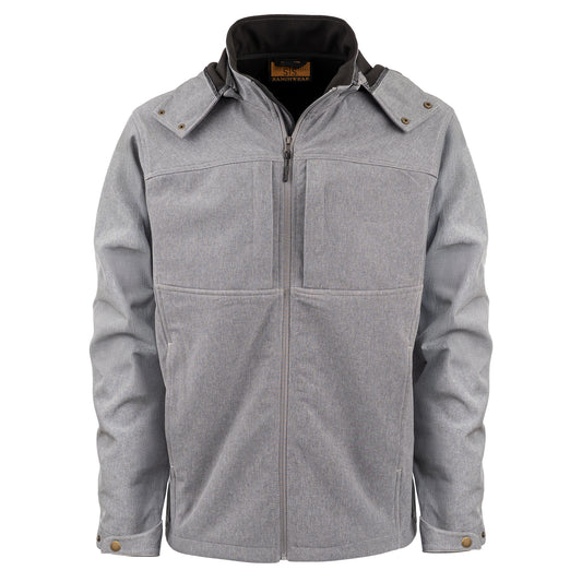 gray jacket with zip closure, removable hood and hand warming pockets on white background