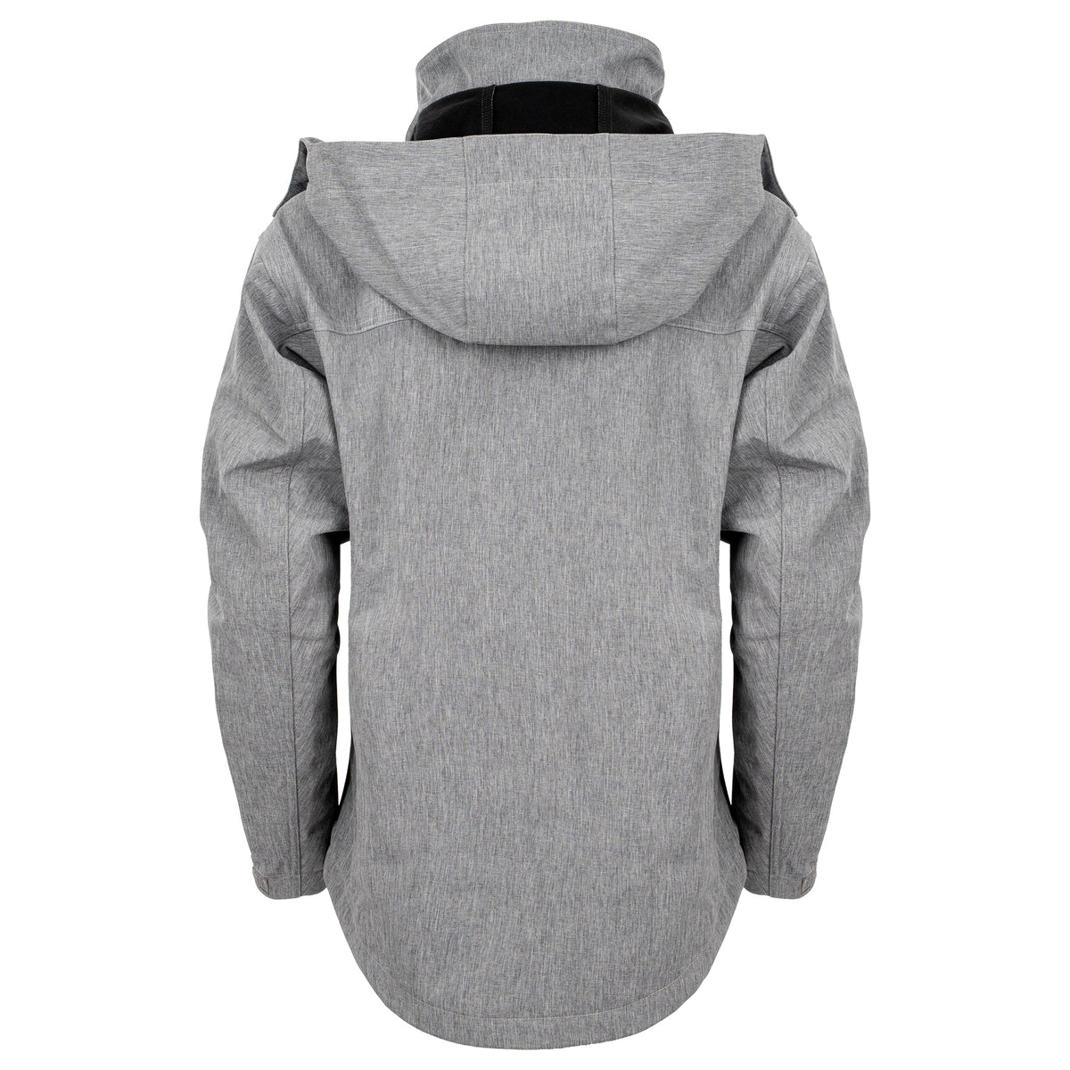 back of our gray jacket with zip closure, removable hood and hand warming pockets on white background
