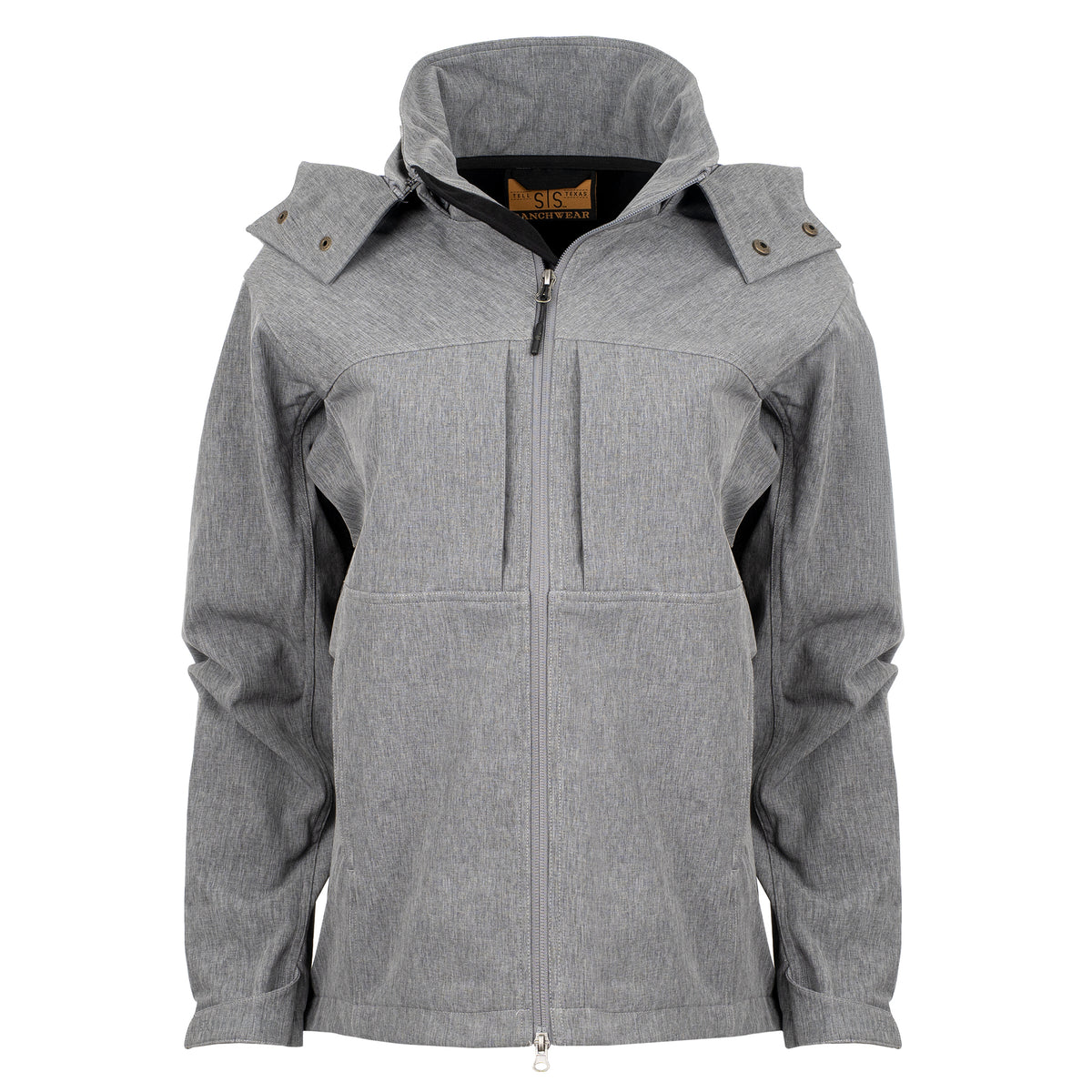 gray jacket with zip closure, removable hood and hand warming pockets on white background