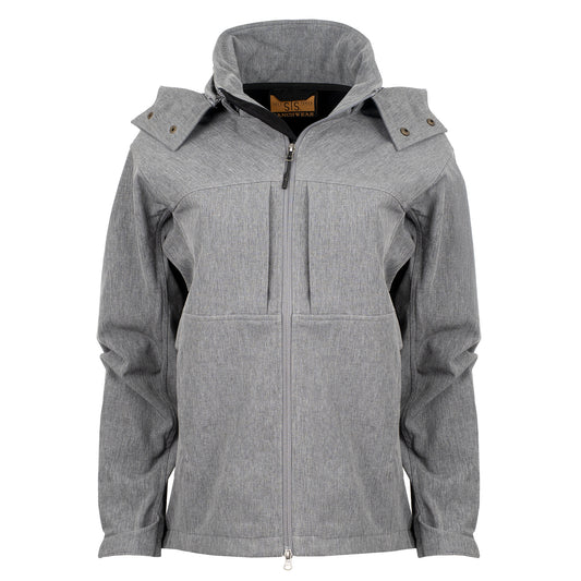gray jacket with zip closure, removable hood and hand warming pockets on white background