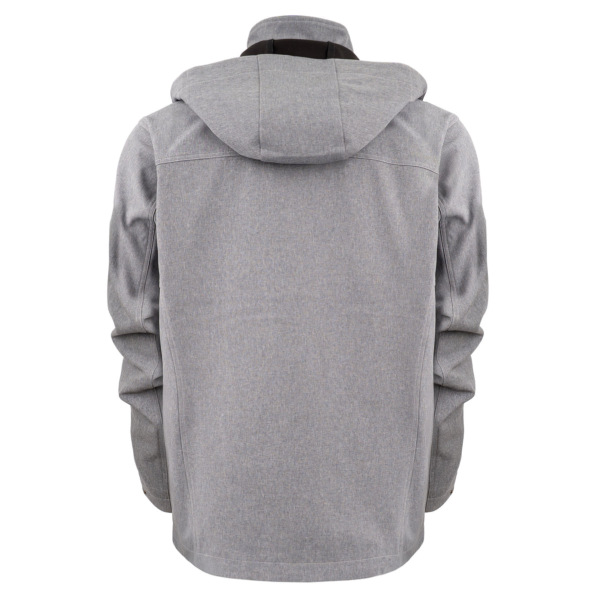 back of gray jacket with zip closure, removable hood and hand warming pockets on white background