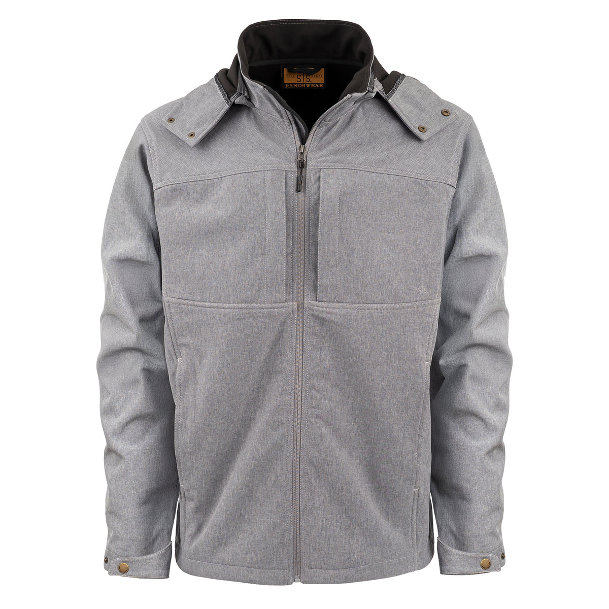 gray jacket with zip closure, removable hood and hand warming pockets on white background