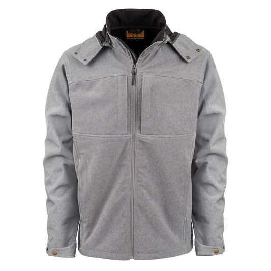 gray jacket with zip closure, removable hood and hand warming pockets on white background