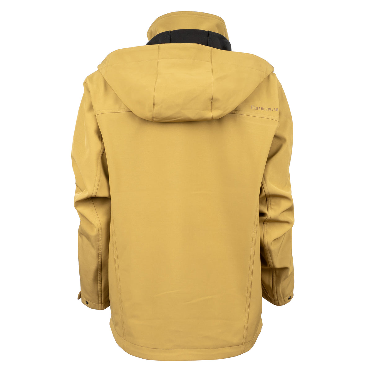 back of our curry yellow jacket with zip closure, removable hood and hand warming pockets on white background