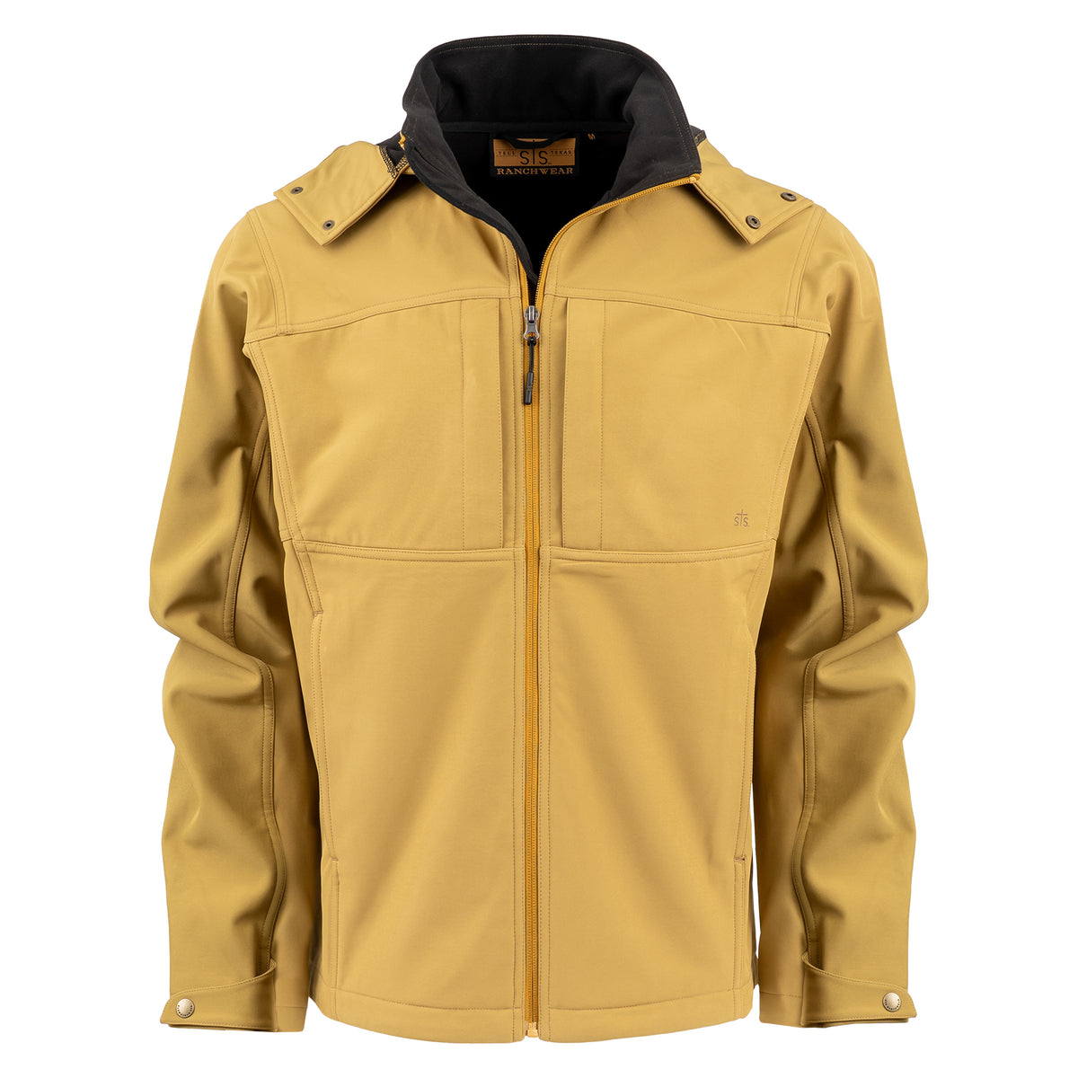 curry yellow jacket with zip closure, removable hood and hand warming pockets on white background