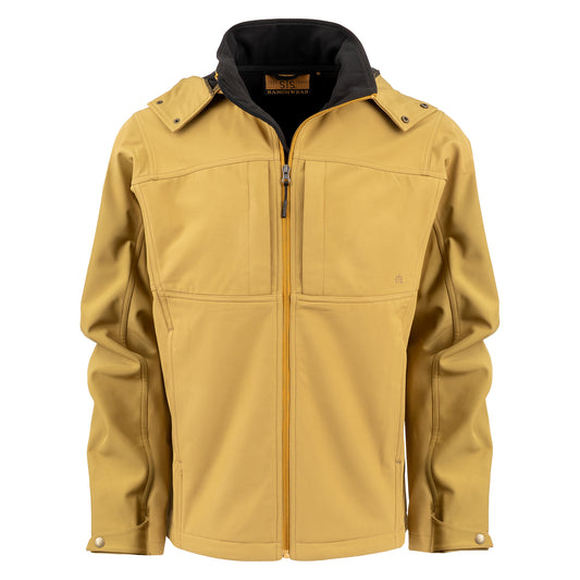 curry yellow jacket with zip closure, removable hood and hand warming pockets on white background