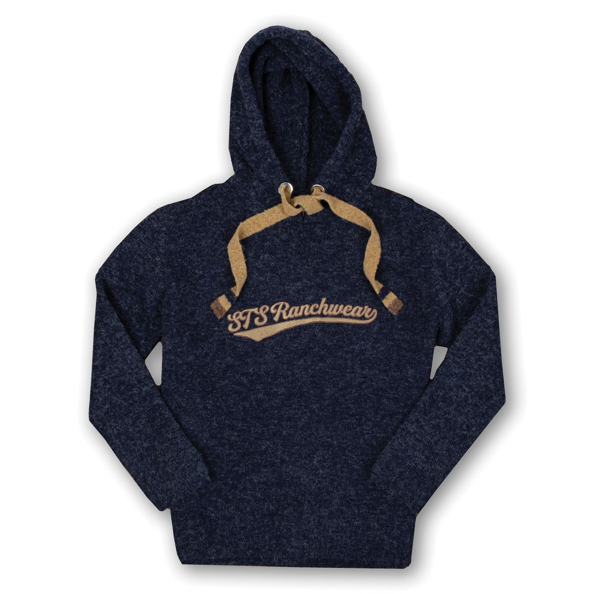 Navy hoodie with 'STS Ranchwear' logo on front and tan drawstrings for hood on a white background.