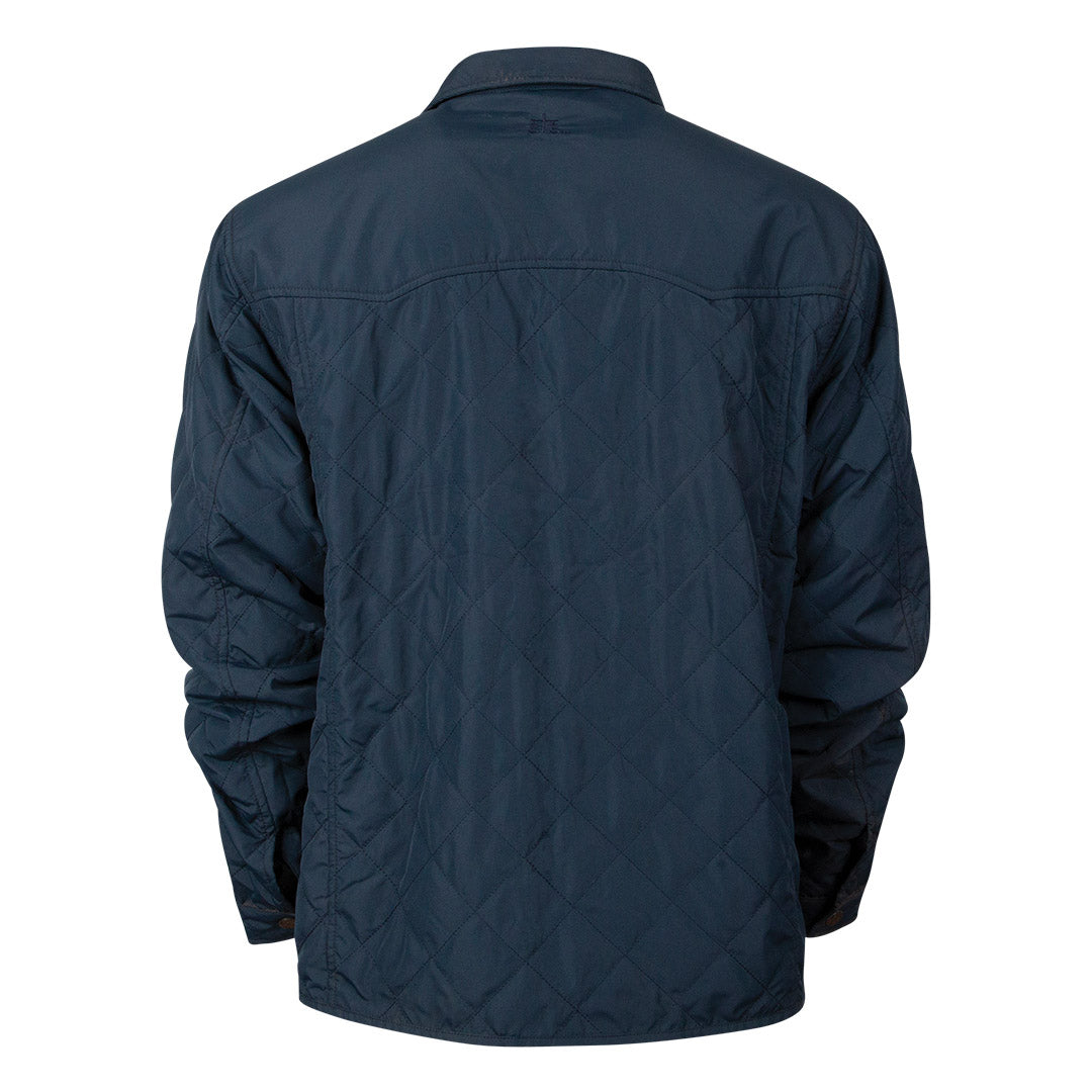 A men's lightweight quilted poly field jacket in navy with snap cuffs and western yoke on a white background.