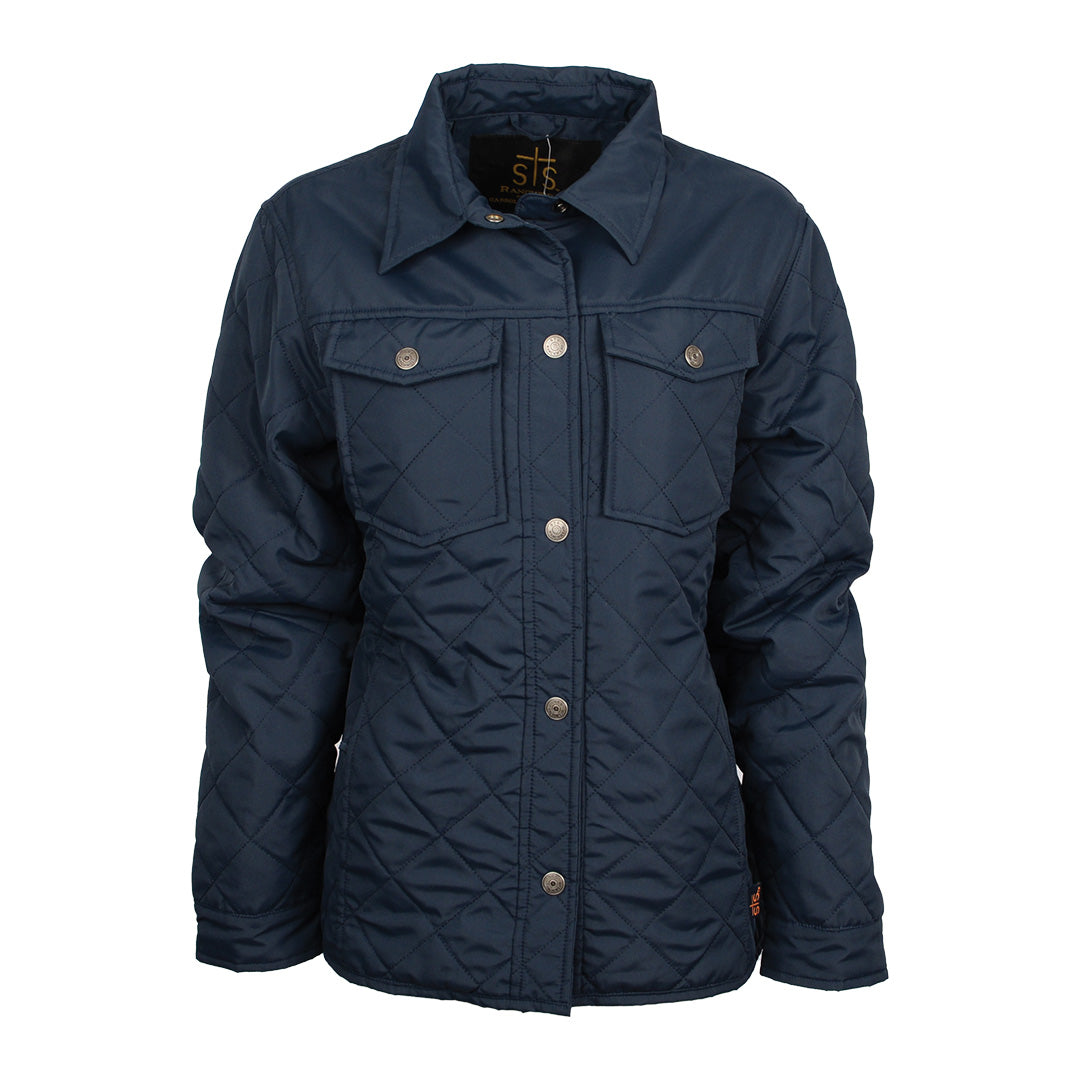 A women's lightweight quilted poly field jacket in navy with zip and snap front closure, exterior snap closure chest pockets, hand warming pockets, and snap cuffs.