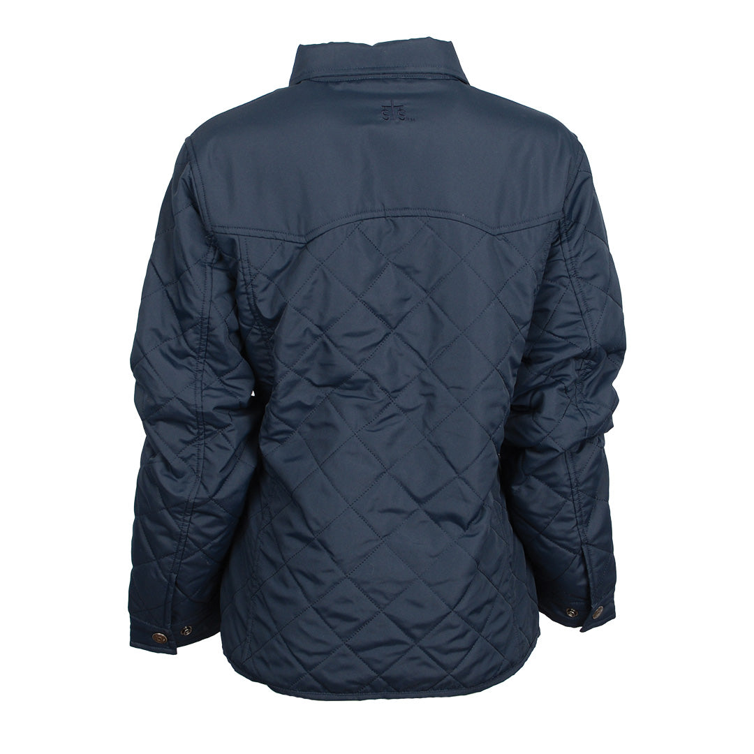 A women's lightweight quilted poly field jacket in navy with snap cuffs and western yoke on a white background.