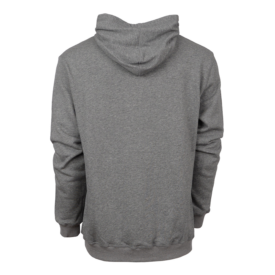 A gray unisex hoodie with a hood on a white background.