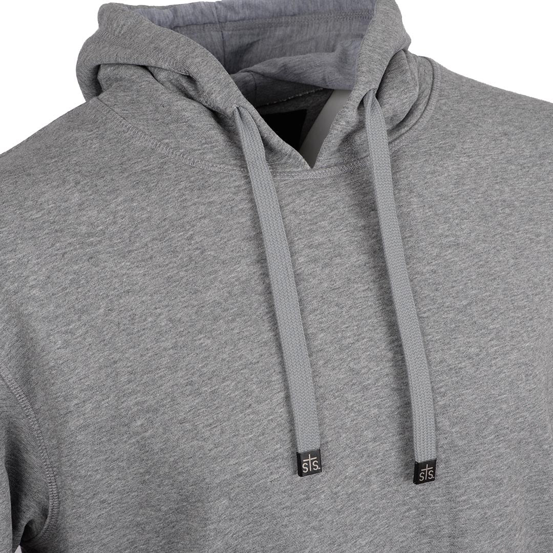 A gray unisex hoodie with a hood and drawstrings on a white background.