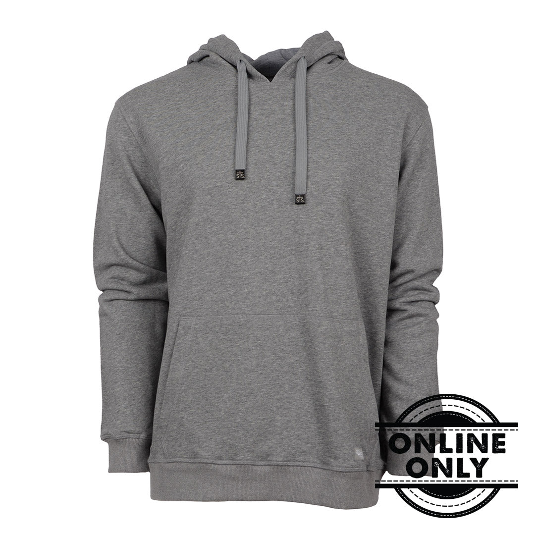 A gray unisex hoodie with a hood, drawstrings, ribbed hem and cuffs, and a front hand warmer pocket.