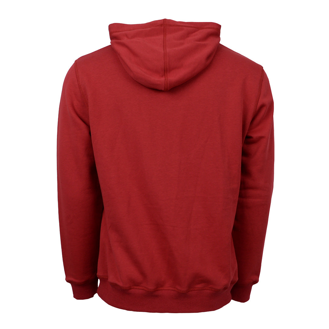 A red unisex hoodie with a hood on a white background.