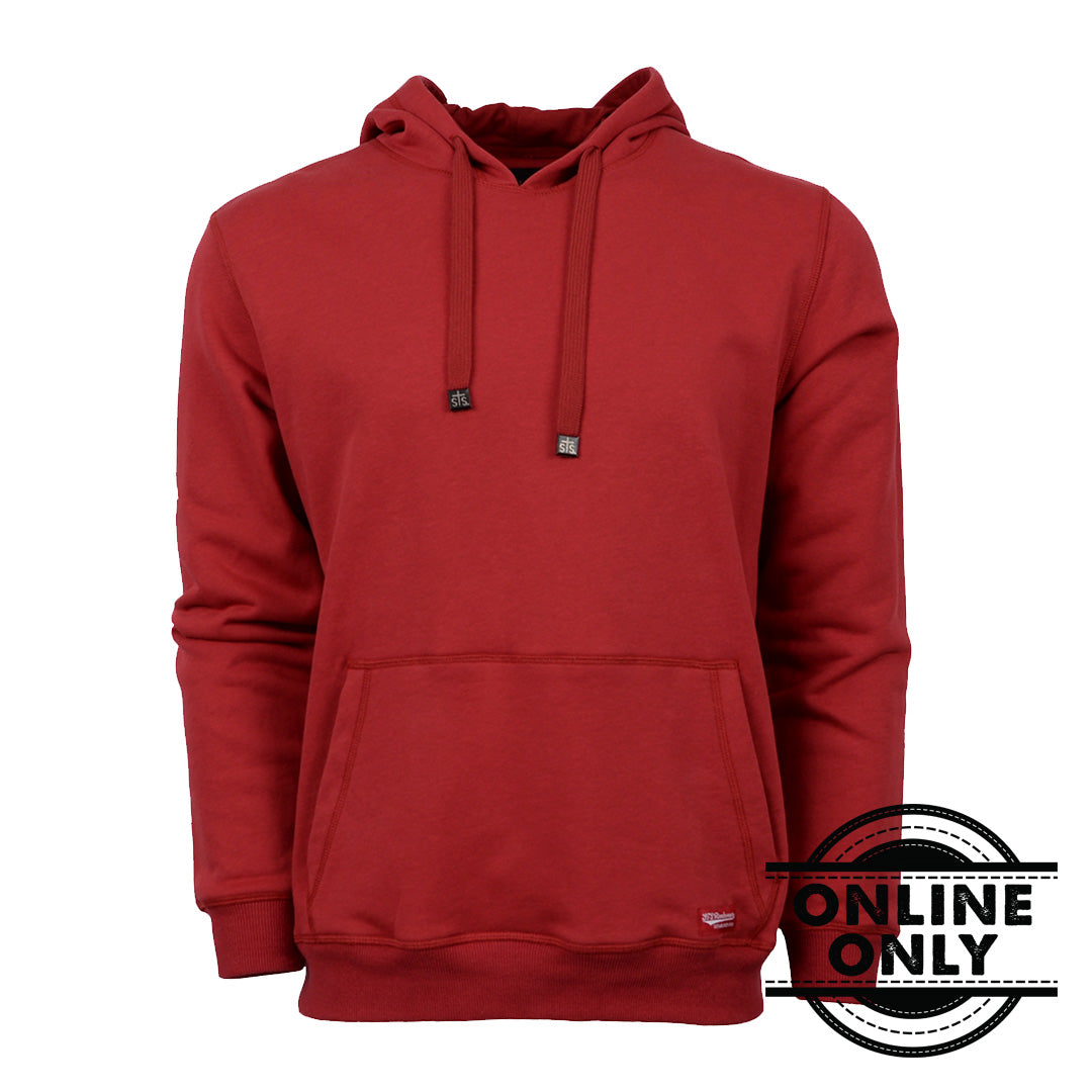 A red unisex hoodie with a hood, drawstrings, ribbed hem and cuffs, and a front hand warmer pocket.