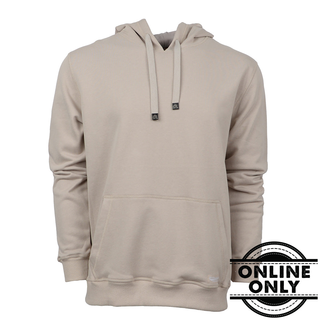 A oatmeal unisex hoodie with a hood, drawstrings, ribbed hem and cuffs, and a front hand warmer pocket.