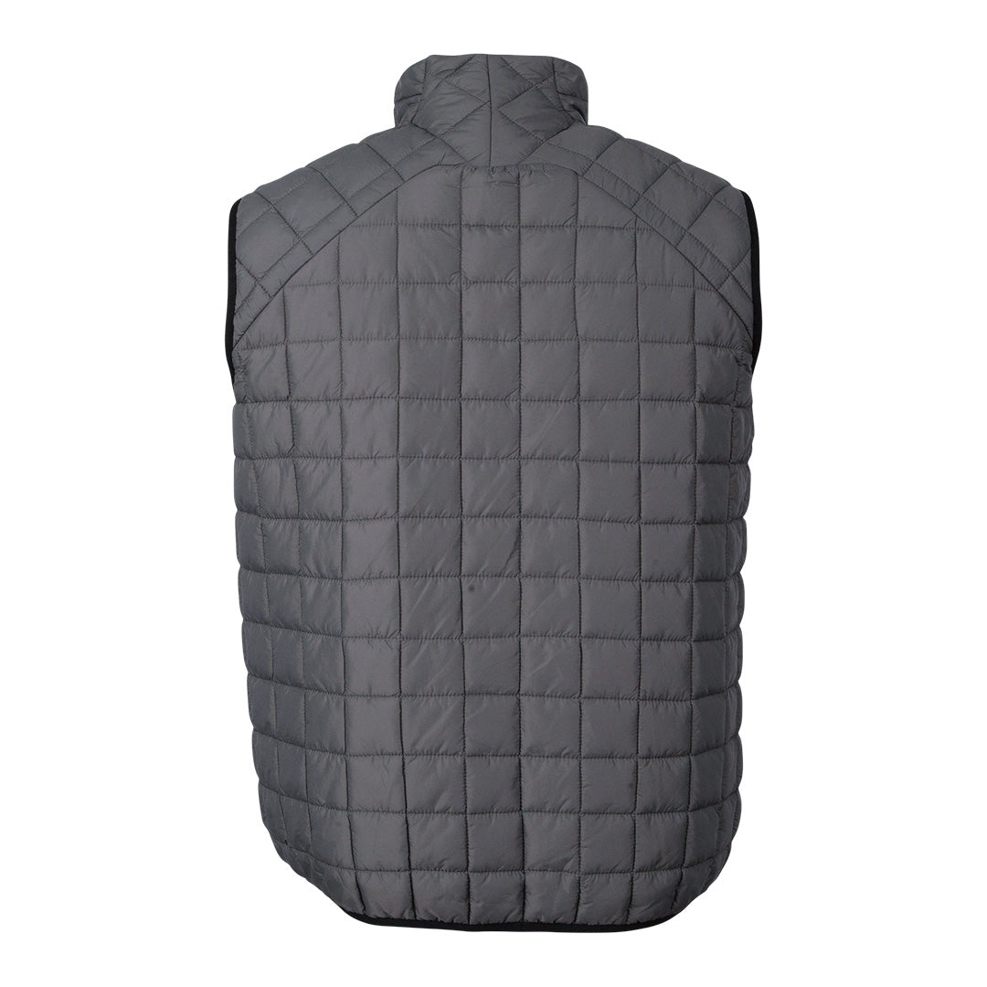 A gray quilted lightweight jacket designed as a men's vest on a white background.