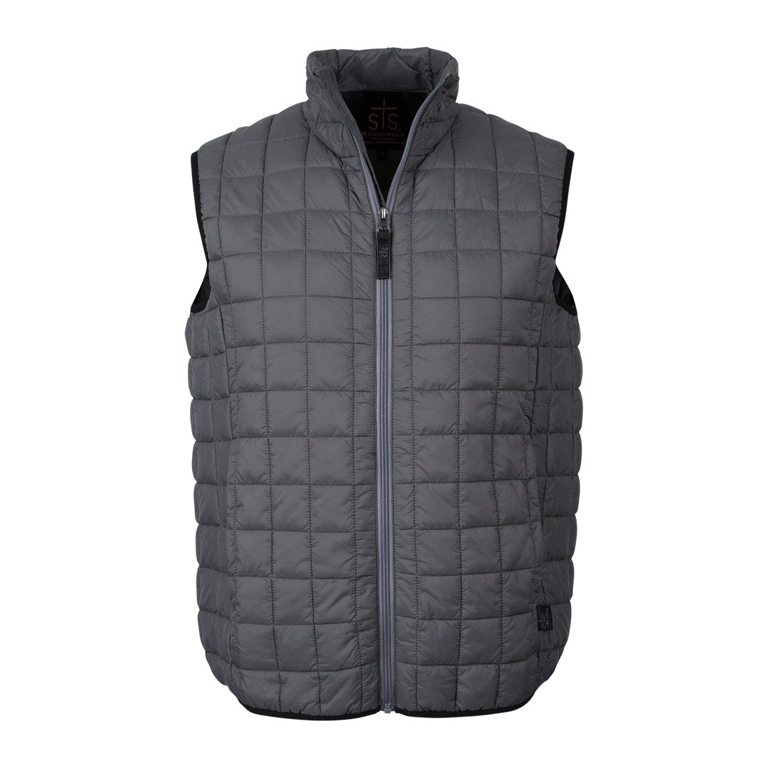 A gray quilted lightweight jacket with zip front closure and multiple pockets designed as a men's vest on a white background.