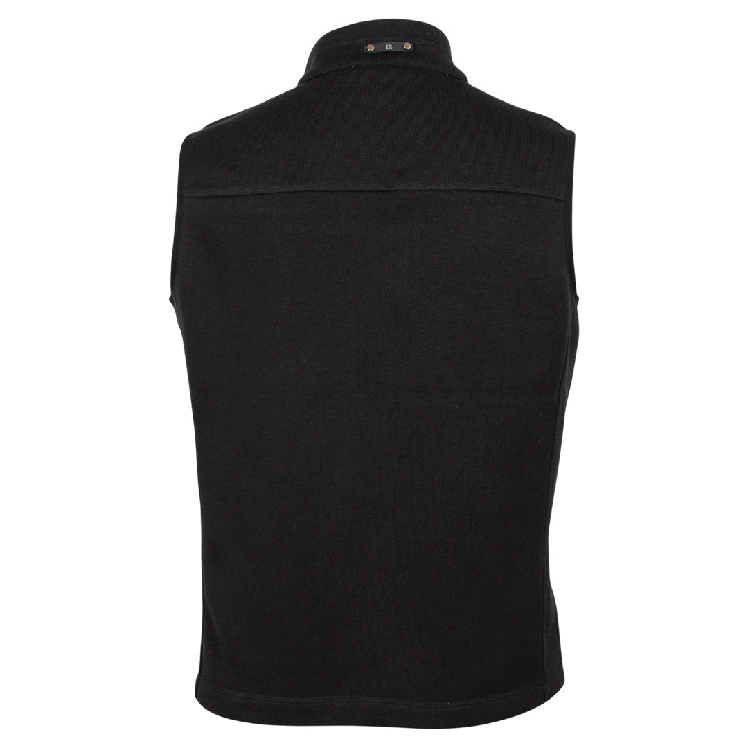 Back of a men's black fleece lined vest on a white background.