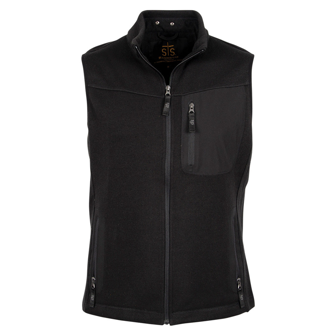A men's black fleece lined vest with two exterior zippered hand pockets and one exterior zippered chest pocket, featuring a zip closure on a white background.
