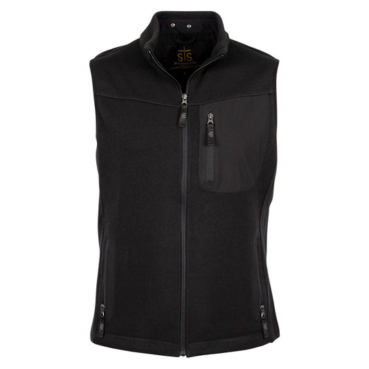 A men's black fleece lined vest with two exterior zippered hand pockets and one exterior zippered chest pocket, featuring a zip closure on a white background.