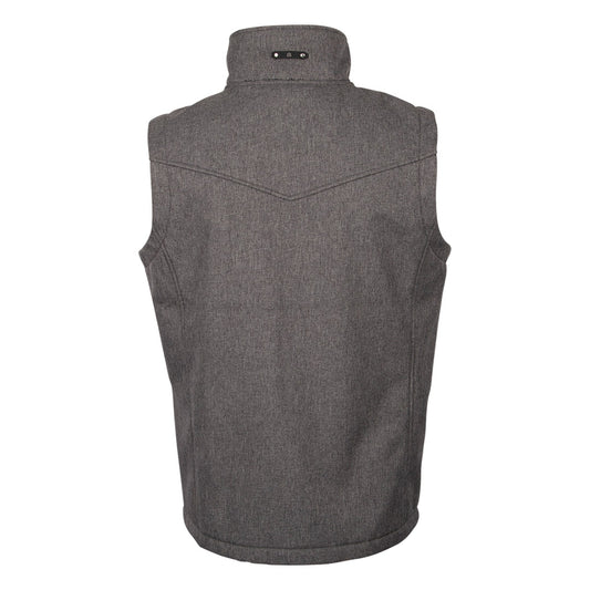 A youth gray slack vest with a polyester shell and fleece lining, featuring a western yoke on a white background.