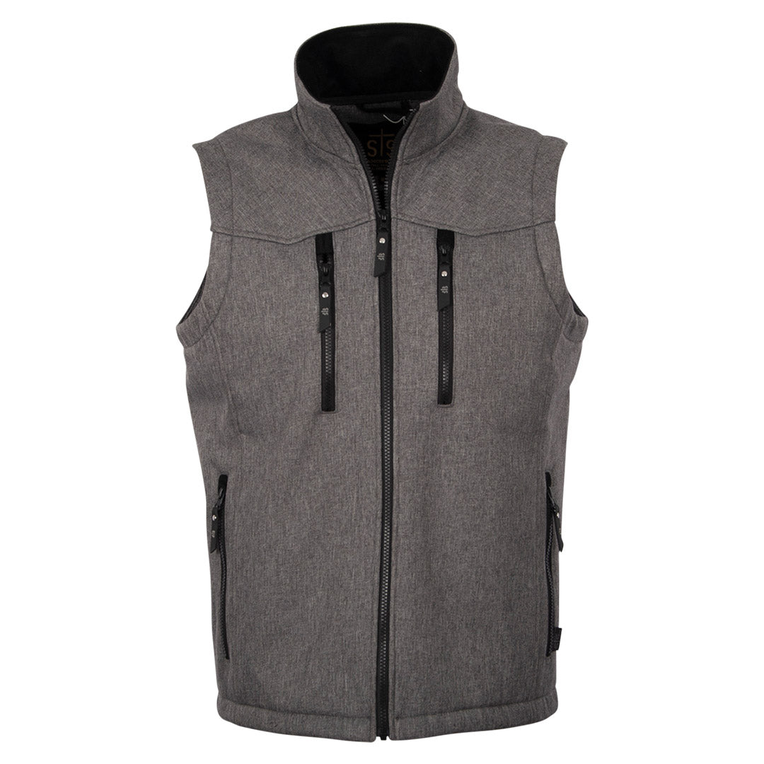 A men's gray slack vest with a polyester shell and fleece lining, featuring zip front closure and multiple exterior zip pockets on a white background.