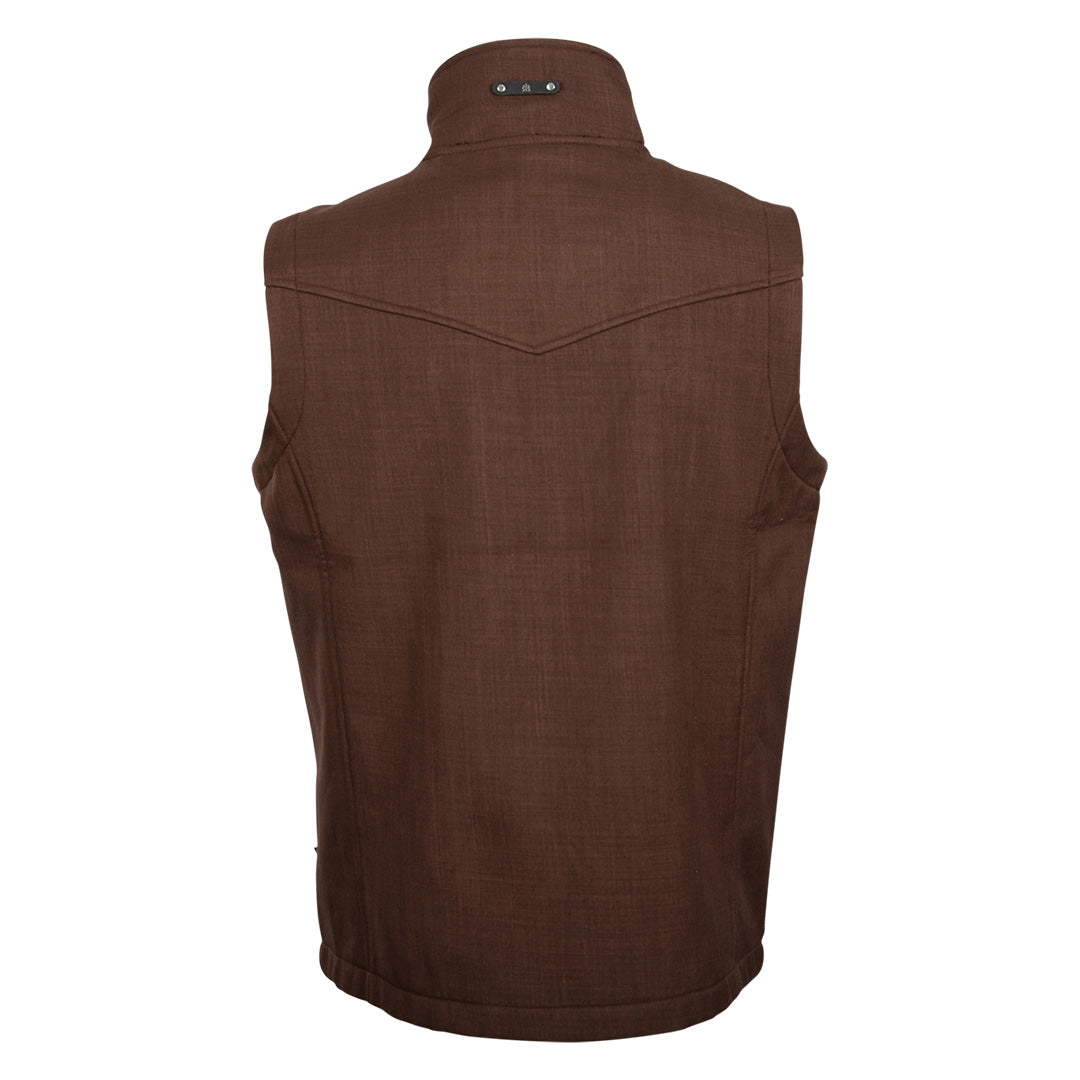Western yoke on the back of a brown vest on a white background.