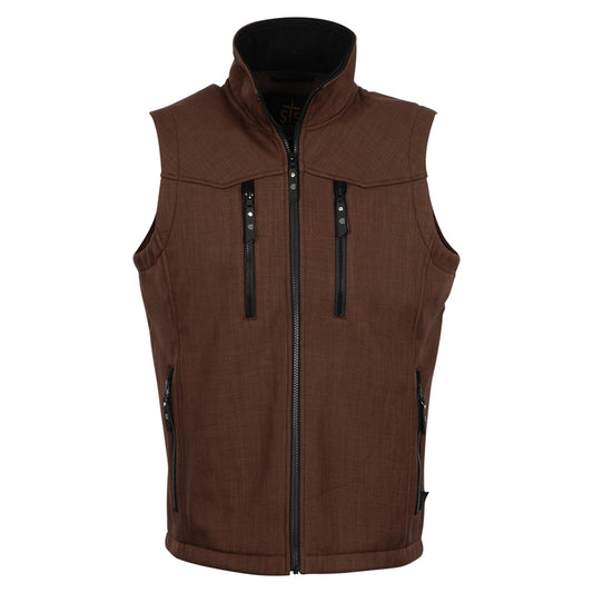 A fleece lined brown vest with front zip closure on a white background.