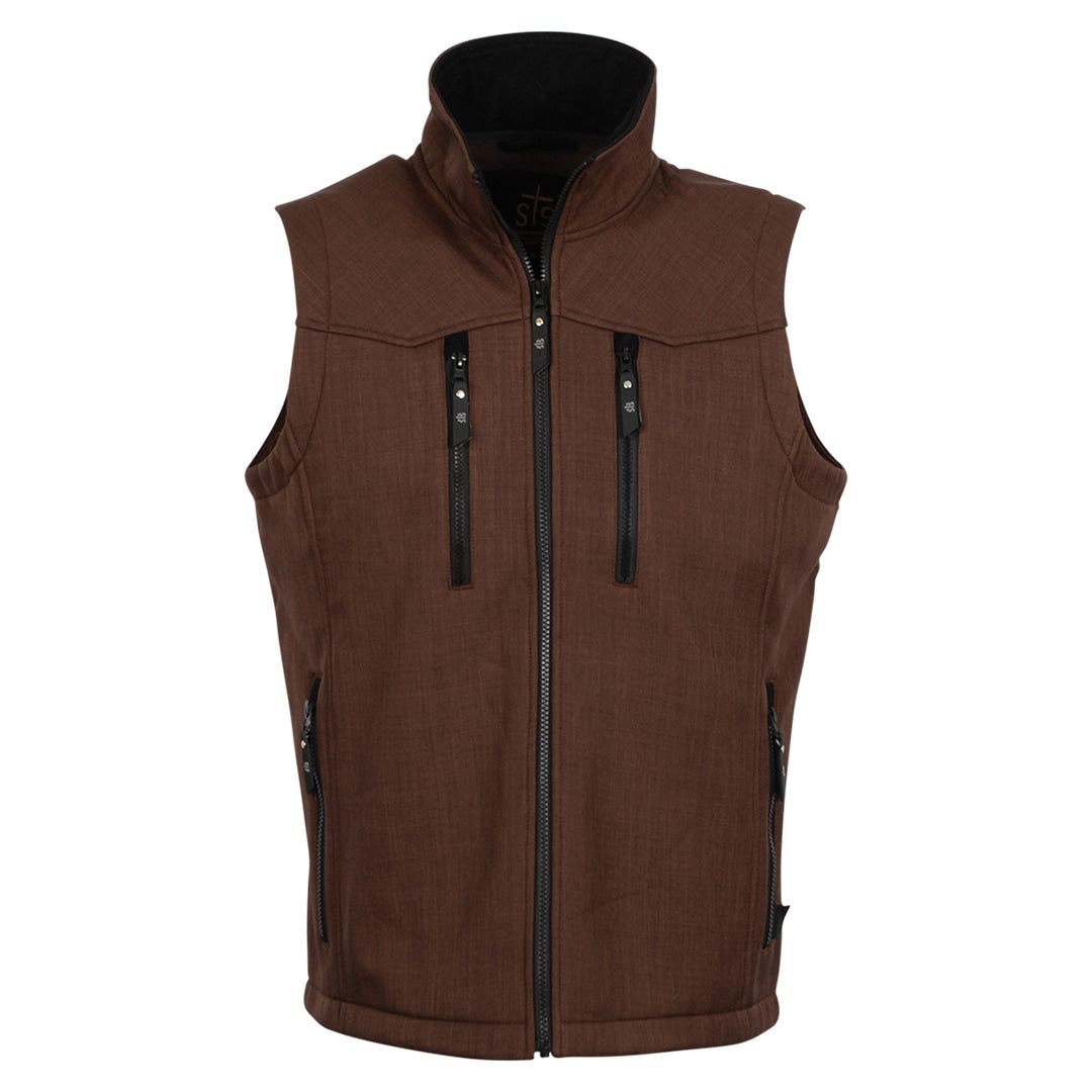 A fleece lined brown vest with front zip closure on a white background.
