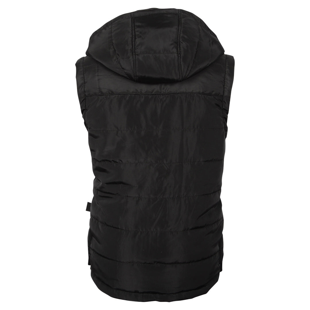 Back of a black puffer style women's vest with a removable hood on a white background.