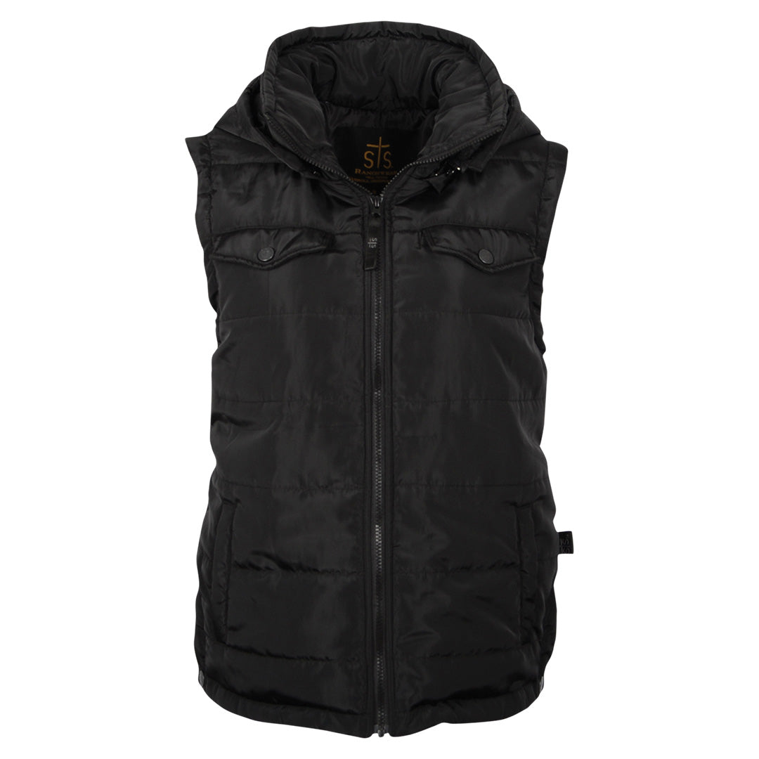 A black puffer style women's vest with a zip front closure, waist saddle snaps, a removable hood, and exterior hand warming pockets on a white background.
