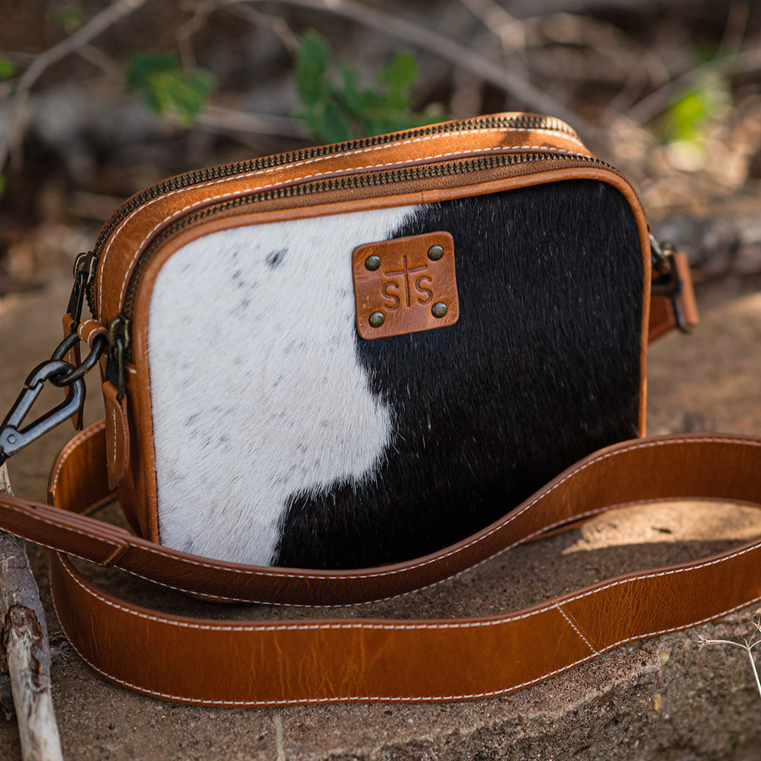 Hadley L Upcycled Cowhide Tooled Leather Crossbody - Black/White