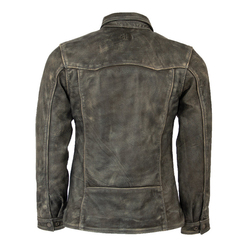 A youth-sized gray full grain leather jacket on a white background.
