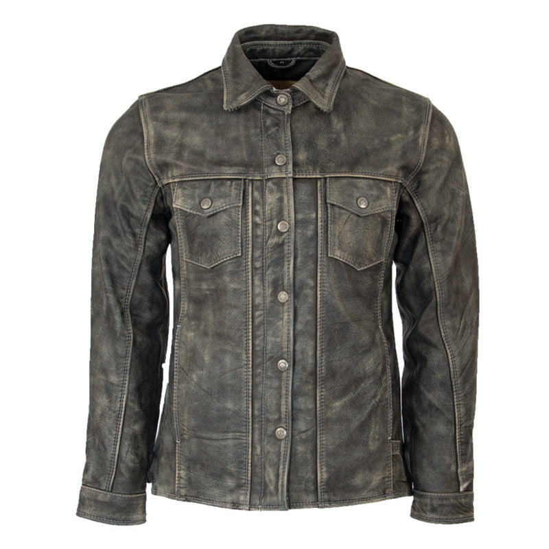 A youth-sized gray full grain leather jacket with snap and zip front closure, chest pockets, and outside hand pockets.