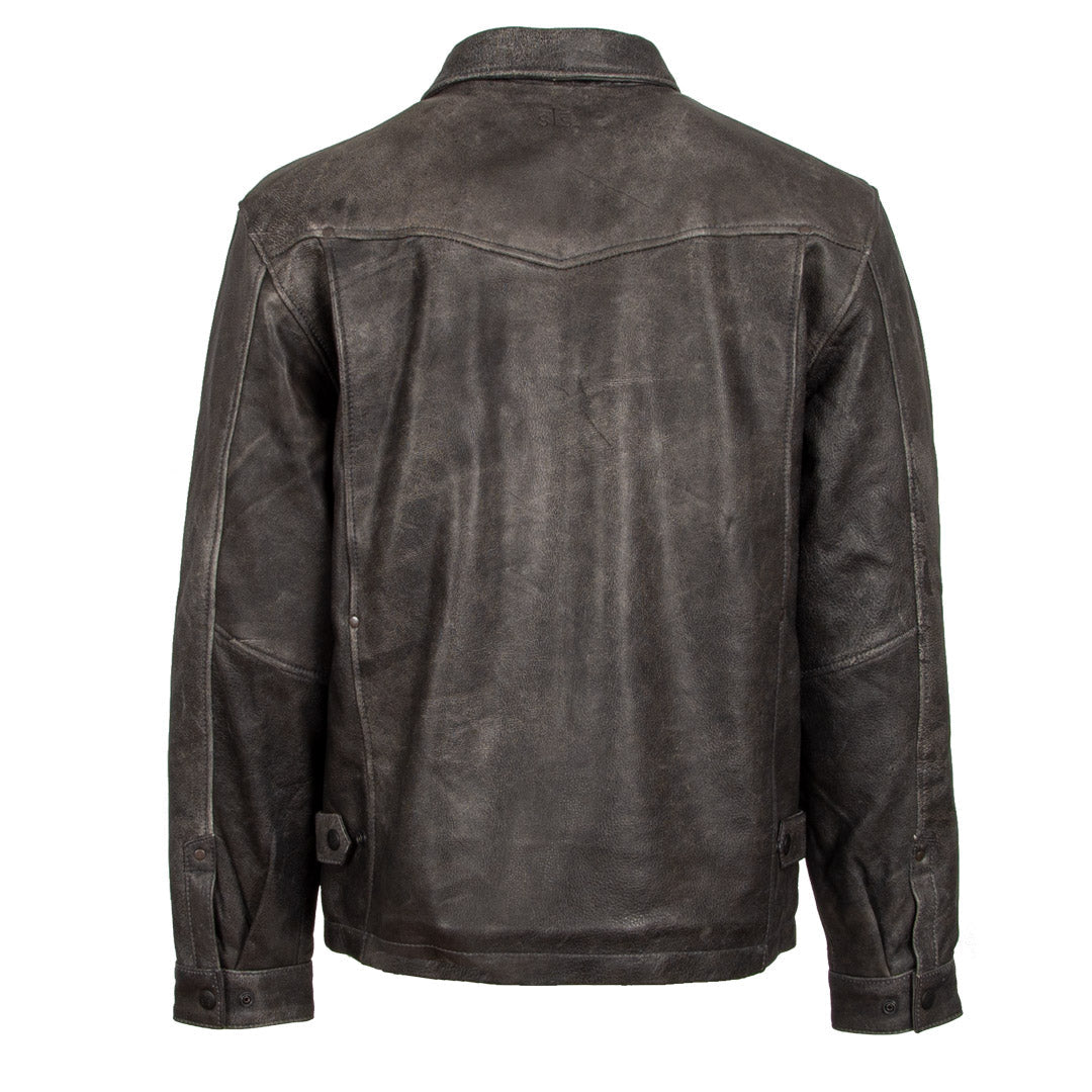 Back of a black leather youth jacket with a standing collar, western yoke and adjustable snap cuffs on the wrists on a white background.