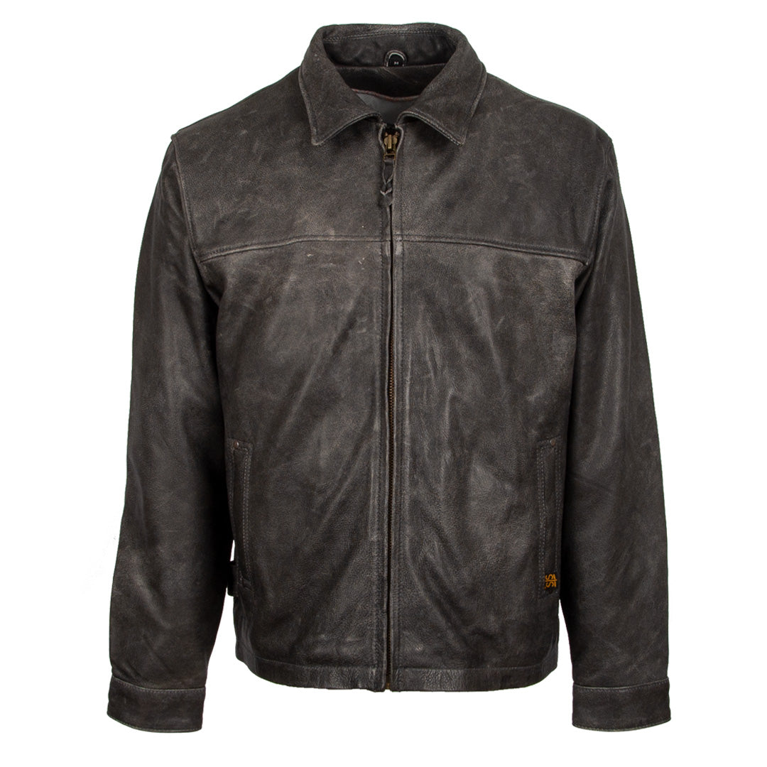 A black leather youth jacket with a standing collar, zipper details, and front pockets on a white background.