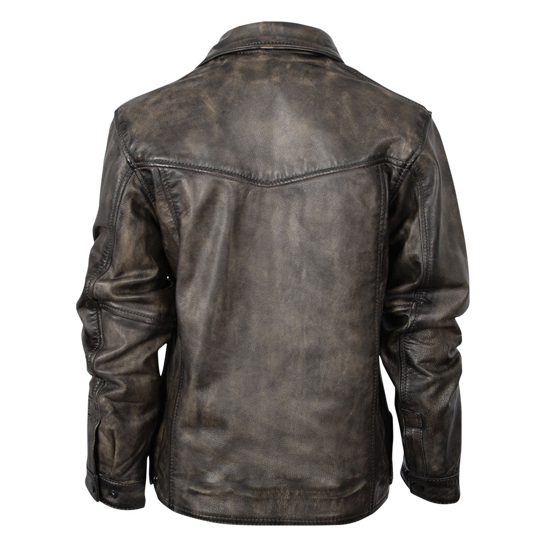 A youth-sized brown leather jacket featuring a yoke accent on a white background.