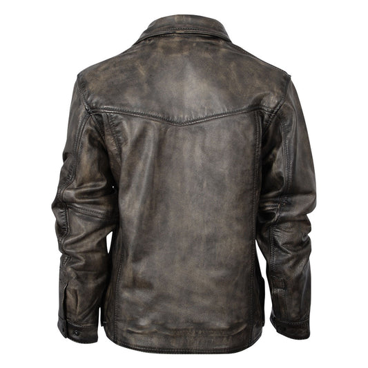 A youth-sized brown leather jacket featuring a yoke accent on a white background.