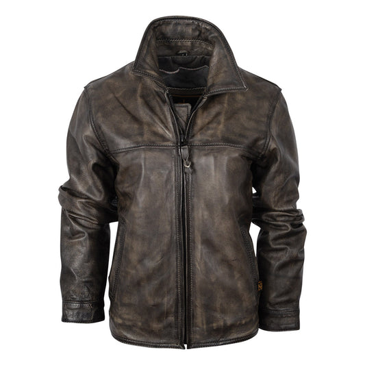 A youth-sized brown leather jacket with a classic western cut, featuring a yoke accent and zippered front on a white background.