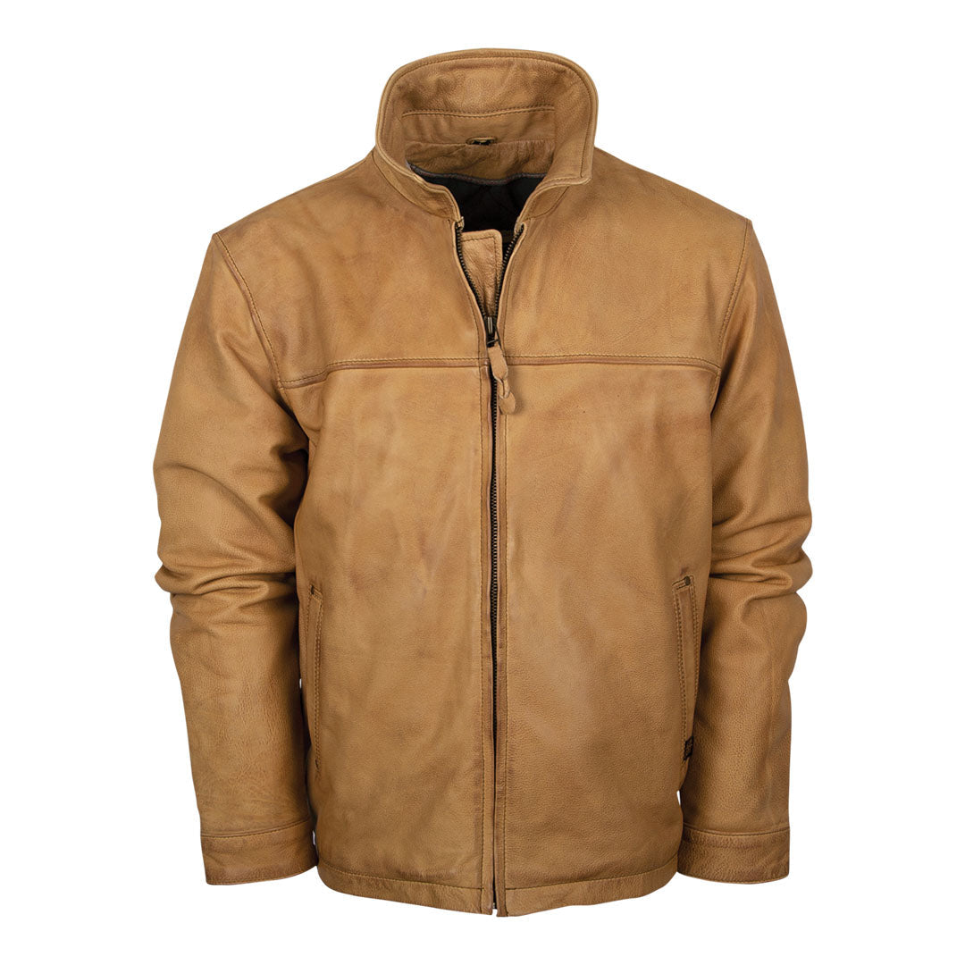 A youth-sized brown leather jacket with a mandarin collar, 2 hand warming pockets and zip front closure on a white background.