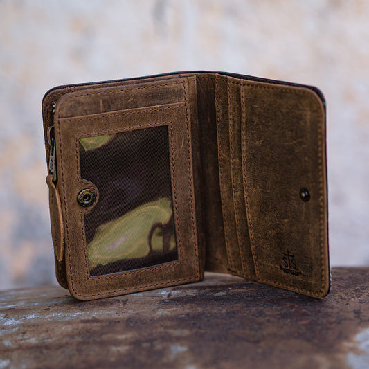 Inside view of cowhide wallet with snap and zip closure, genuine leather interior, ID slot and card slots.